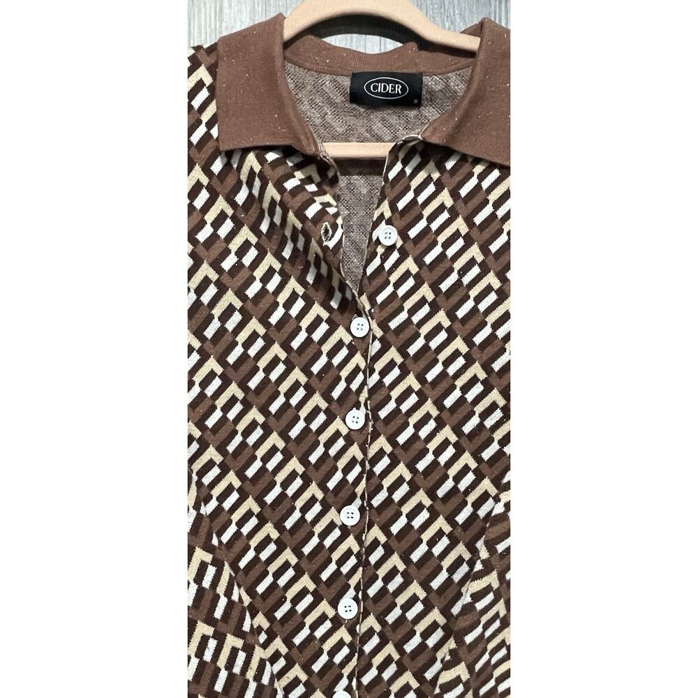 Womens 2 Piece Cider Geometric Print Knitted Polo Top & Trouser Set Brown - Picture 7 of 7